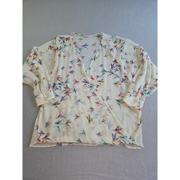 Zara Trafaluc Tops - Zara Trafaluc Hummingbird Print Wrap Blouse Womens Medium Cream V-Neck Surplice